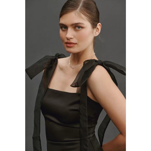 REFORMATION Kacia Black Satin Sheer Organza Bow Tie Straps Maxi Dress US 10 NWT - Picture 3 of 13